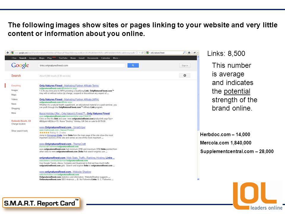 The following images show sites or pages linking to your website and very little content or information about you online.