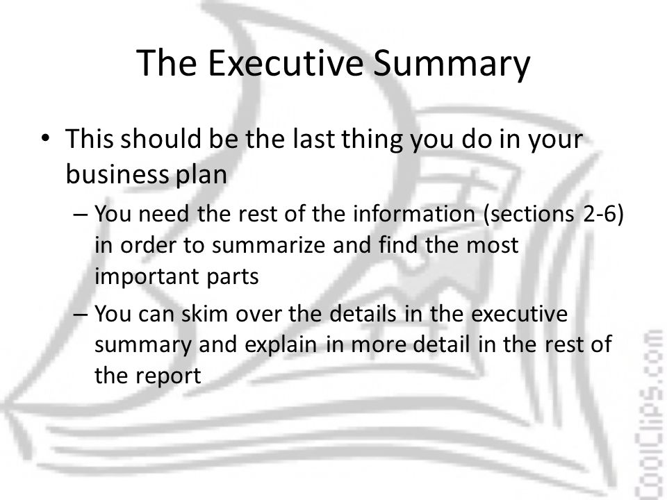 Section 1: The Executive Summary. The Business Plan 1)Executive Summary  2)Market Analysis 3)Resource Analysis 4)Operating Strategy 5)Financial  Strategy. - ppt download