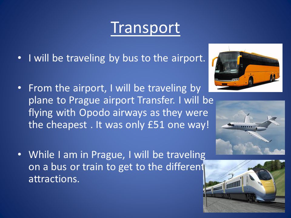 Transport I will be traveling by bus to the airport.