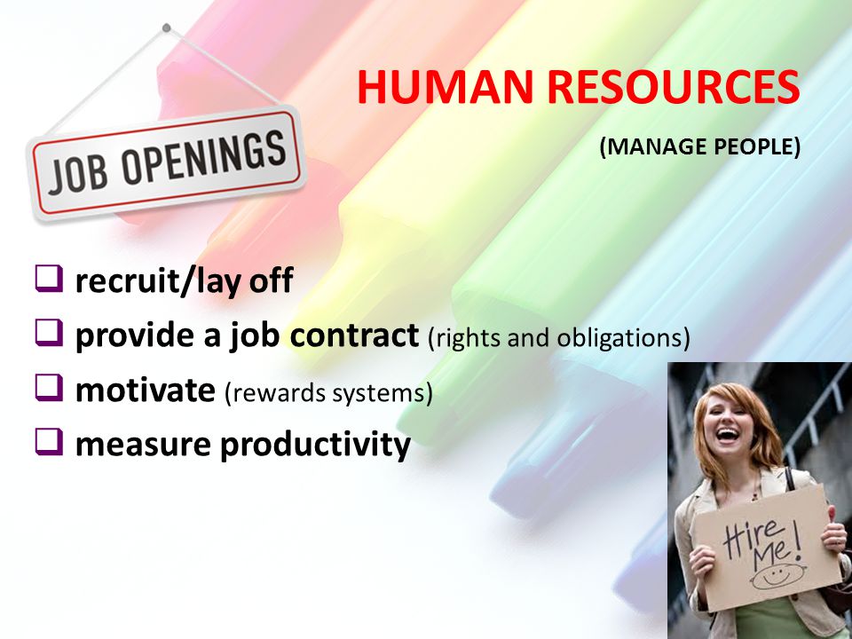 HUMAN RESOURCES (MANAGE PEOPLE)  recruit/lay off  provide a job contract (rights and obligations)  motivate (rewards systems)  measure productivity