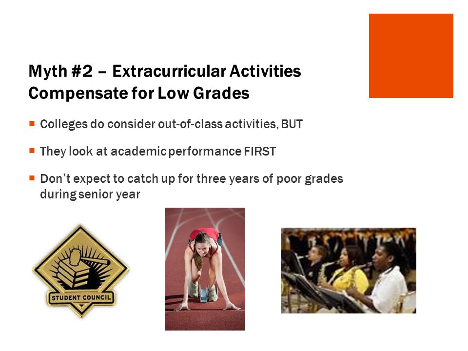 Myth #2 – Extracurricular Activities Compensate for Low Grades  Colleges do consider out-of-class activities, BUT  They look at academic performance FIRST  Don’t expect to catch up for three years of poor grades during senior year