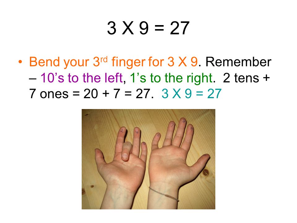 2 X 9 = 18 Bend your second finger from the left for 2 X 9.