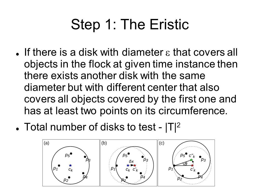 Step 1: The Eristic If there is a disk with diameter  that covers all objects in the flock at given time instance then there exists another disk with the same diameter but with different center that also covers all objects covered by the first one and has at least two points on its circumference.