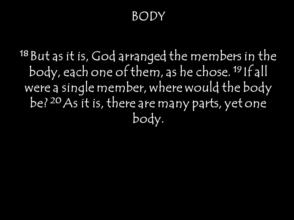 BODY 18 But as it is, God arranged the members in the body, each one of them, as he chose.