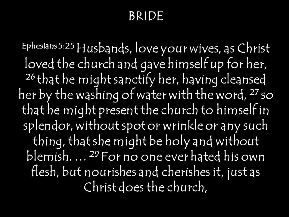 BRIDE Ephesians 5:25 Husbands, love your wives, as Christ loved the church and gave himself up for her, 26 that he might sanctify her, having cleansed her by the washing of water with the word, 27 so that he might present the church to himself in splendor, without spot or wrinkle or any such thing, that she might be holy and without blemish.