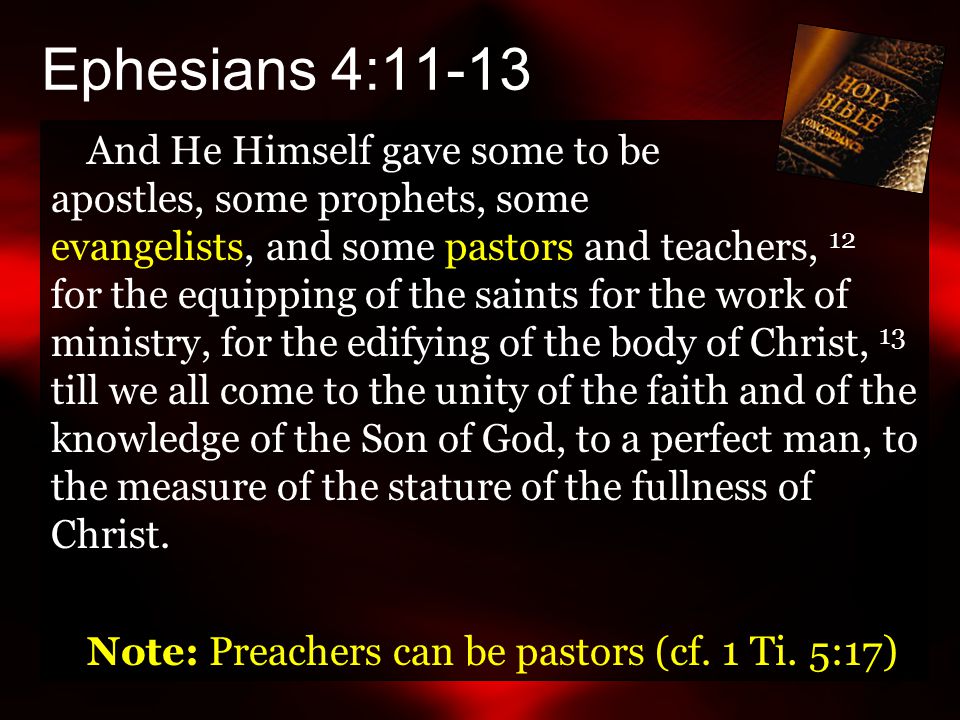 And He Himself gave some to be apostles, some prophets, some evangelists, and some pastors and teachers, 12 for the equipping of the saints for the work of ministry, for the edifying of the body of Christ, 13 till we all come to the unity of the faith and of the knowledge of the Son of God, to a perfect man, to the measure of the stature of the fullness of Christ.
