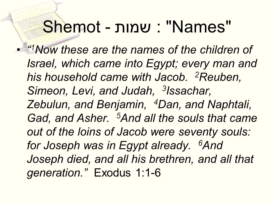 Shemot - שמות : Names 1 Now these are the names of the children of Israel, which came into Egypt; every man and his household came with Jacob.