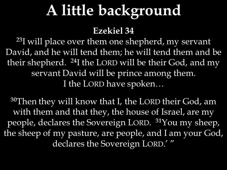 A little background Ezekiel I will place over them one shepherd, my servant David, and he will tend them; he will tend them and be their shepherd.