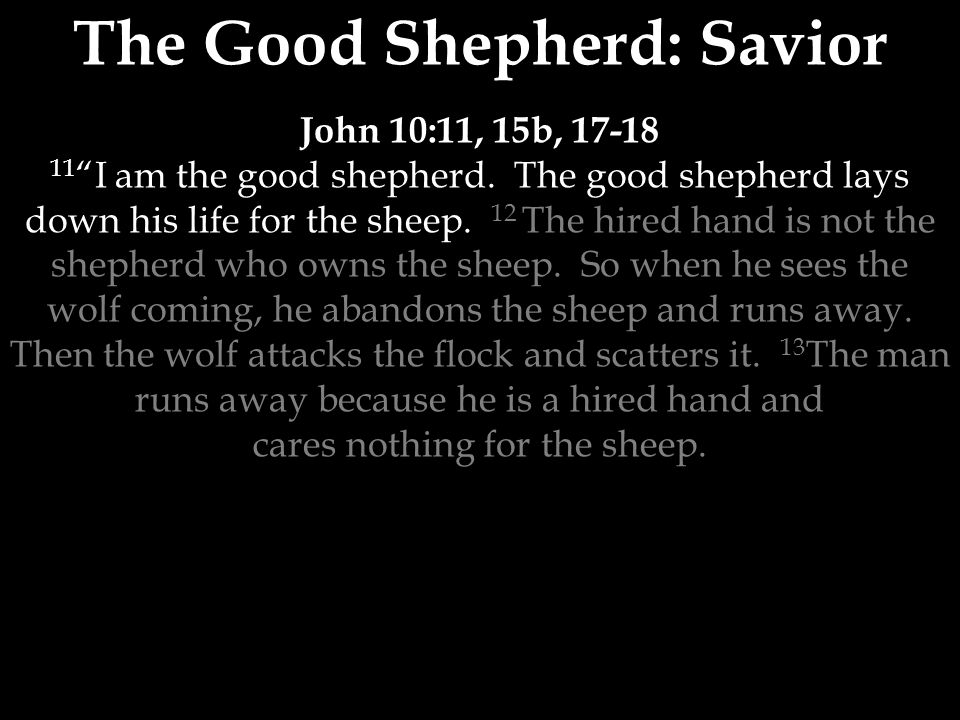 The Good Shepherd: Savior John 10:11, 15b, I am the good shepherd.