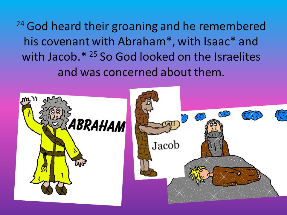 24 God heard their groaning and he remembered his covenant with Abraham*, with Isaac* and with Jacob.* 25 So God looked on the Israelites and was concerned about them.