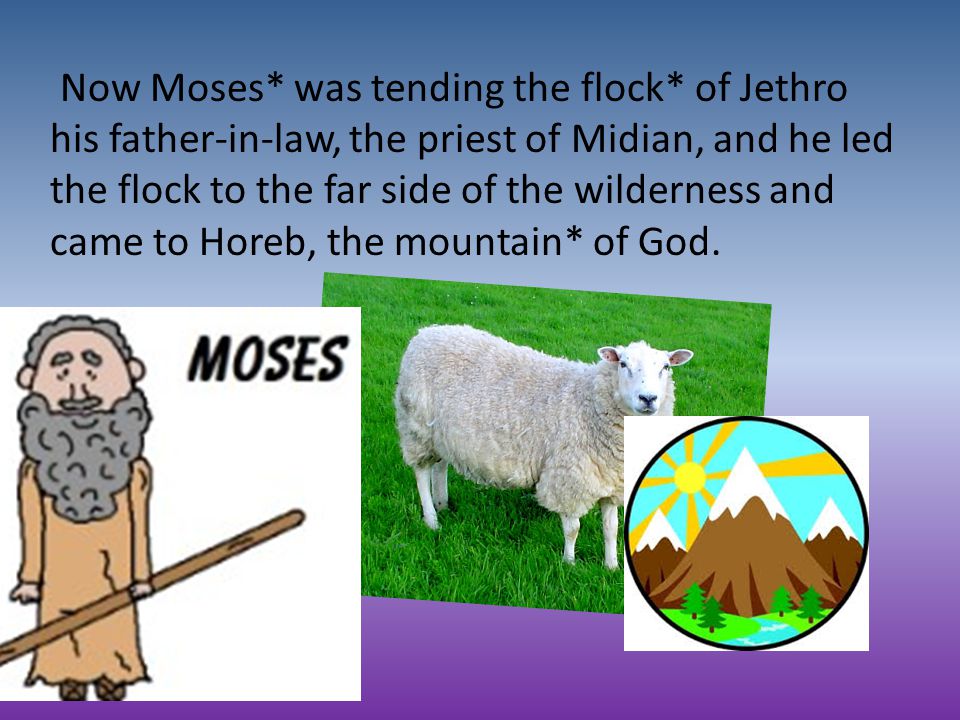 Now Moses* was tending the flock* of Jethro his father-in-law, the priest of Midian, and he led the flock to the far side of the wilderness and came to Horeb, the mountain* of God.