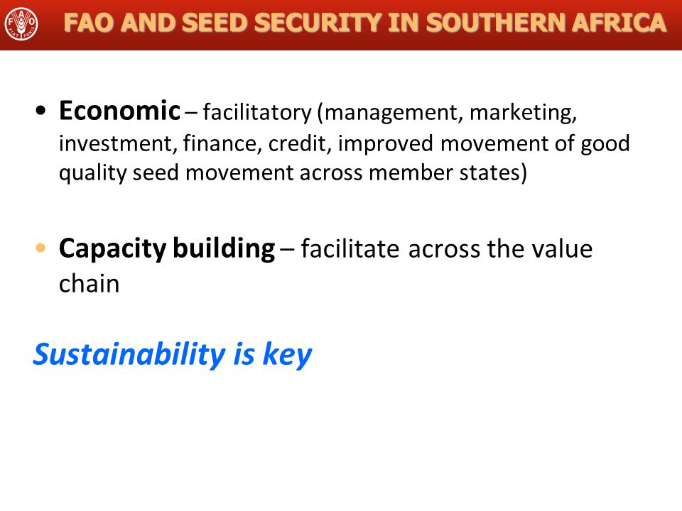 FAO AND SEED SECURITY IN SOUTHERN AFRICA Economic – facilitatory (management, marketing, investment, finance, credit, improved movement of good quality seed movement across member states) Capacity building – facilitate across the value chain Sustainability is key