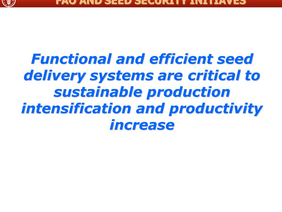 Functional and efficient seed delivery systems are critical to sustainable production intensification and productivity increase FAO AND SEED SECURITY INITIAVES
