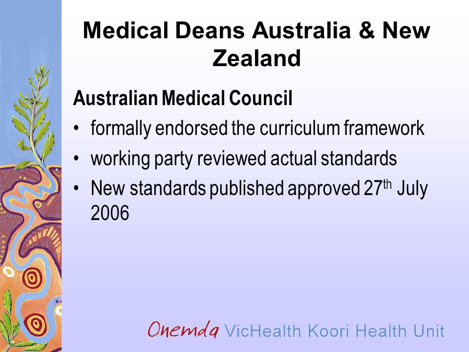 Medical Deans Australia & New Zealand Australian Medical Council formally endorsed the curriculum framework working party reviewed actual standards New standards published approved 27 th July 2006