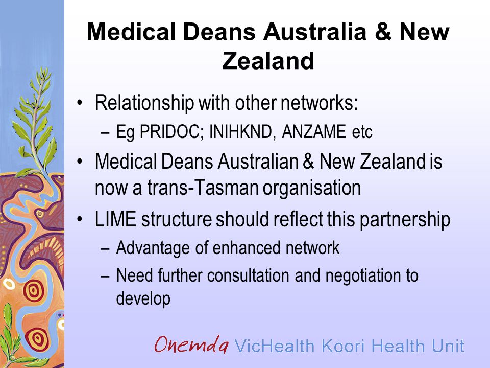 Medical Deans Australia & New Zealand Relationship with other networks: –Eg PRIDOC; INIHKND, ANZAME etc Medical Deans Australian & New Zealand is now a trans-Tasman organisation LIME structure should reflect this partnership –Advantage of enhanced network –Need further consultation and negotiation to develop