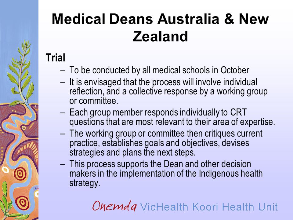Medical Deans Australia & New Zealand Trial –To be conducted by all medical schools in October –It is envisaged that the process will involve individual reflection, and a collective response by a working group or committee.
