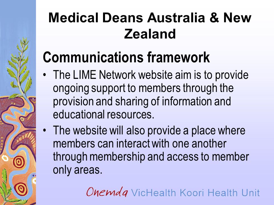 Medical Deans Australia & New Zealand Communications framework The LIME Network website aim is to provide ongoing support to members through the provision and sharing of information and educational resources.