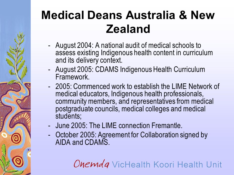 Medical Deans Australia & New Zealand -August 2004: A national audit of medical schools to assess existing Indigenous health content in curriculum and its delivery context.