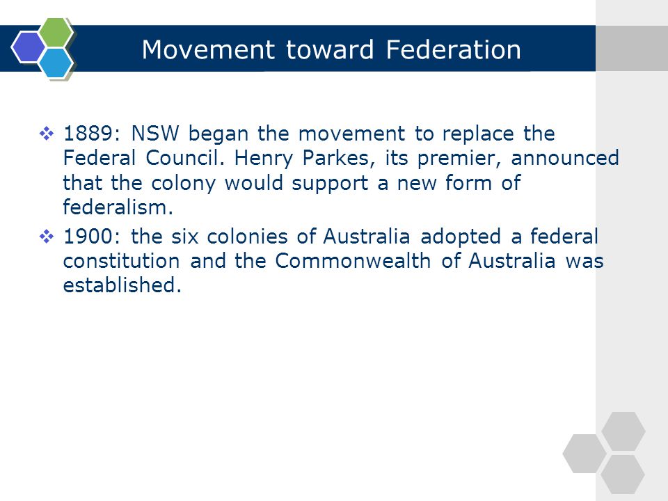 Movement toward Federation  1889: NSW began the movement to replace the Federal Council.