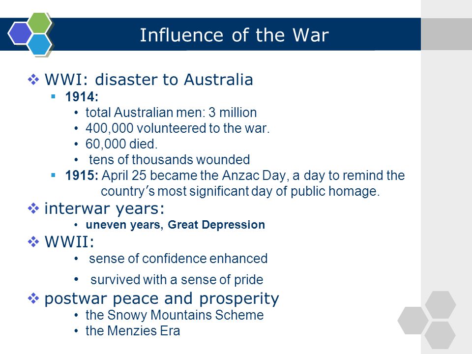 Influence of the War  WWI: disaster to Australia  1914: total Australian men: 3 million 400,000 volunteered to the war.