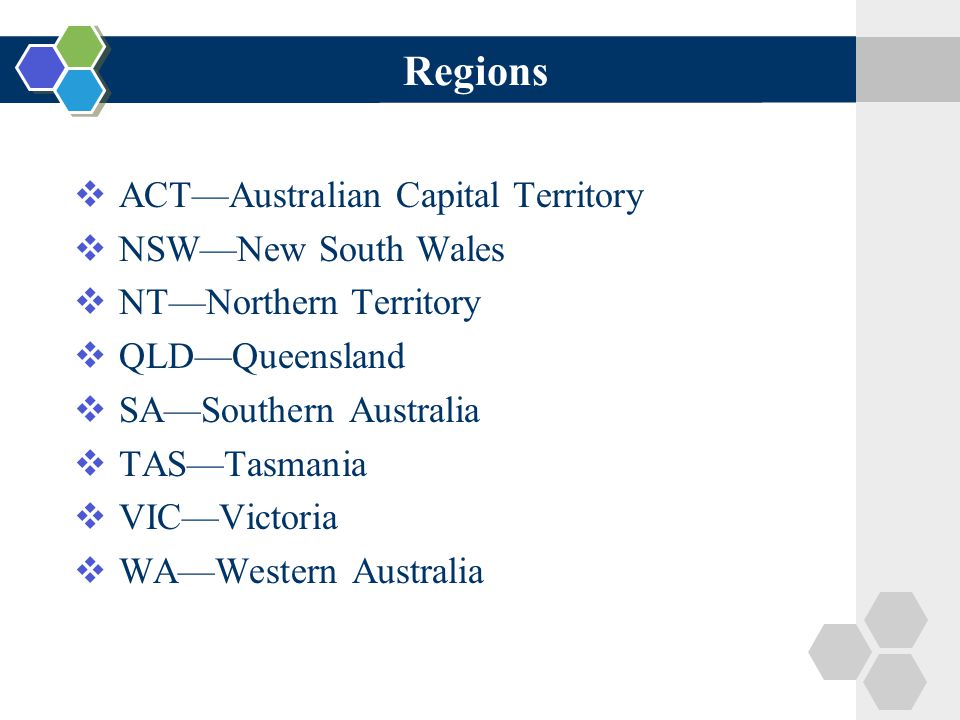Regions  ACT—Australian Capital Territory  NSW—New South Wales  NT—Northern Territory  QLD—Queensland  SA—Southern Australia  TAS—Tasmania  VIC—Victoria  WA—Western Australia