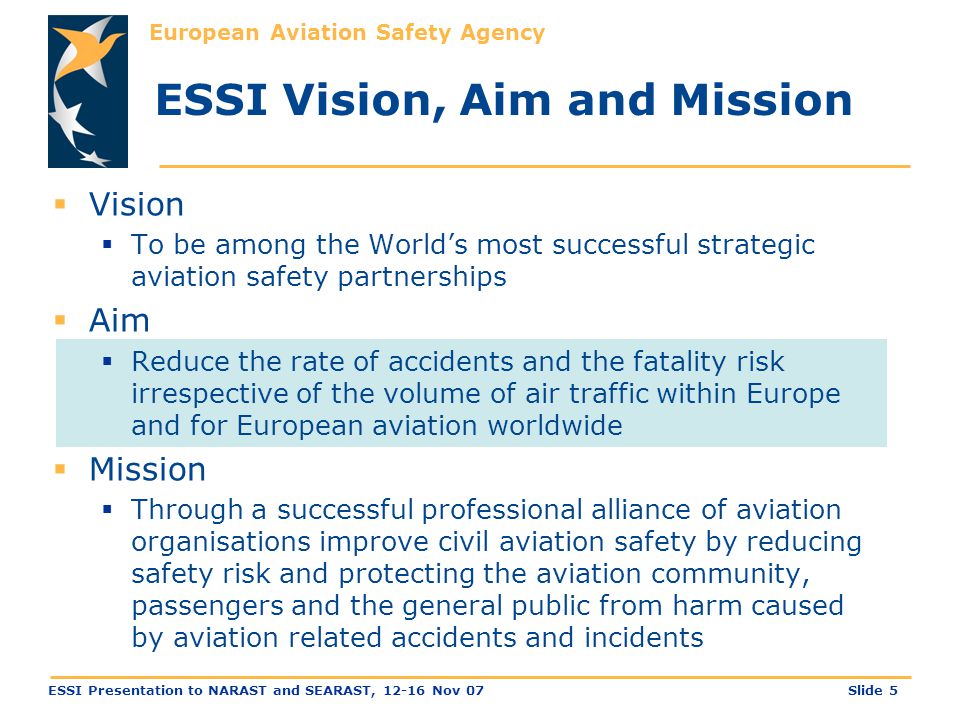 European Aviation Safety Agency Slide 5ESSI Presentation to NARAST and SEARAST, Nov 07 ESSI Vision, Aim and Mission  Vision  To be among the World’s most successful strategic aviation safety partnerships  Aim  Reduce the rate of accidents and the fatality risk irrespective of the volume of air traffic within Europe and for European aviation worldwide  Mission  Through a successful professional alliance of aviation organisations improve civil aviation safety by reducing safety risk and protecting the aviation community, passengers and the general public from harm caused by aviation related accidents and incidents 14 / 25