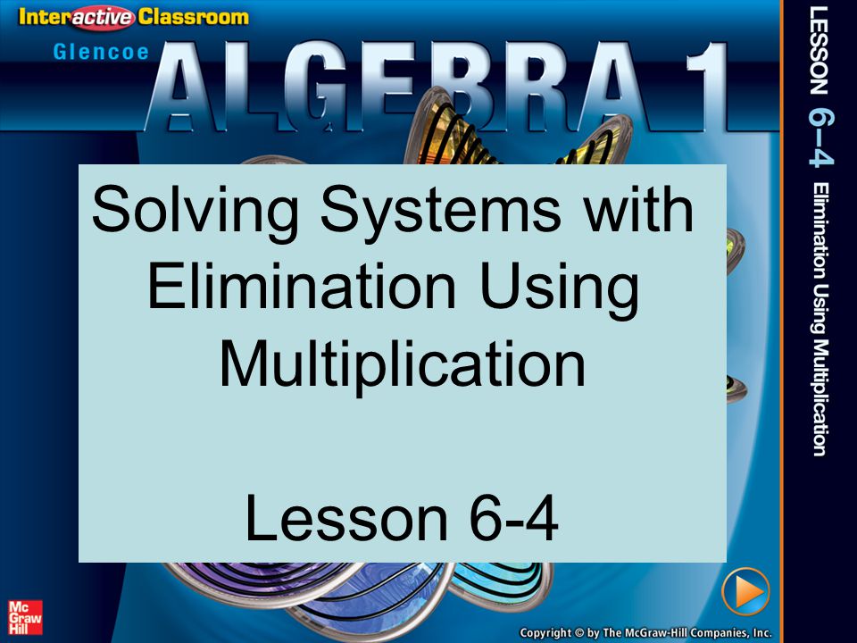 Splash Screen Solving Systems with Elimination Using Multiplication Lesson 6-4