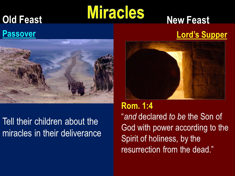 Passover Tell their children about the miracles in their deliverance Lord’s Supper Rom.
