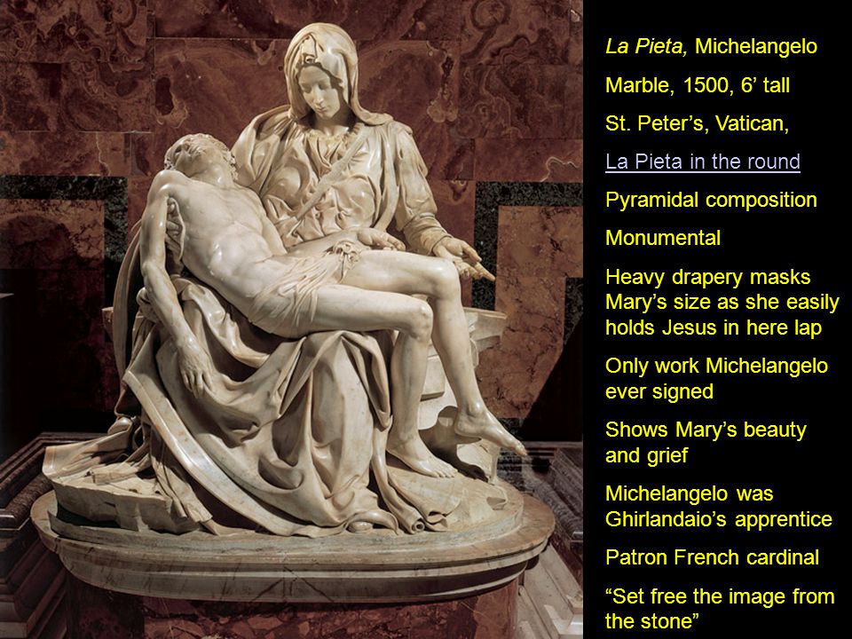 La Pieta, Michelangelo Marble, 1500, 6’ tall St.