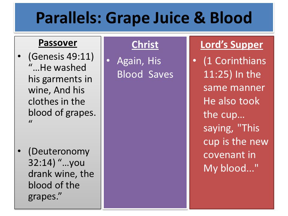 Parallels: Grape Juice & Blood Passover (Genesis 49:11) …He washed his garments in wine, And his clothes in the blood of grapes.