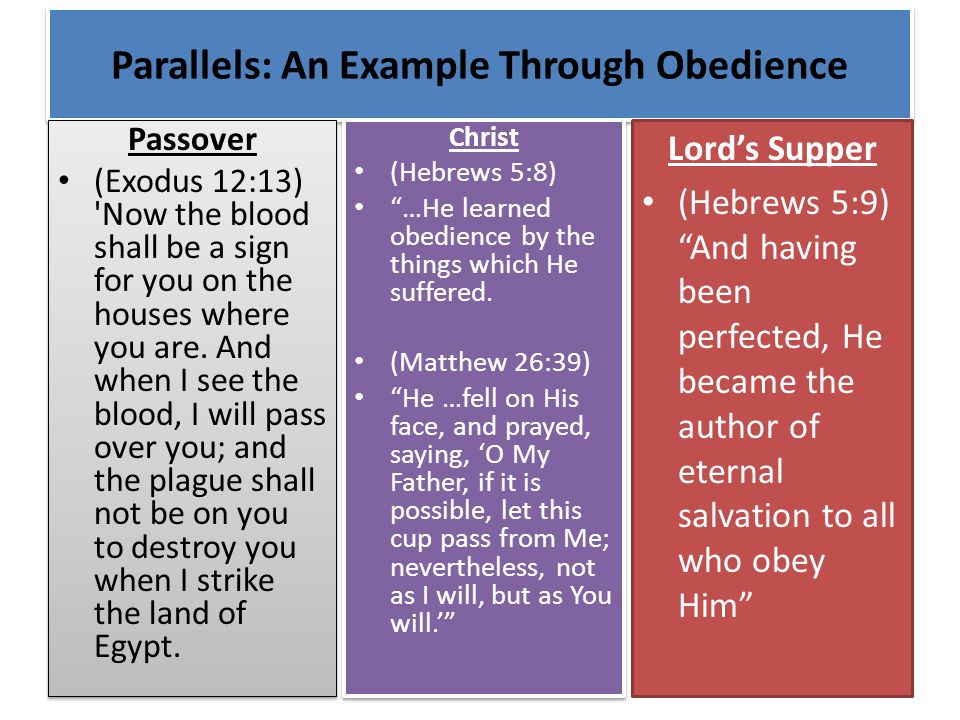 Parallels: An Example Through Obedience Passover (Exodus 12:13) Now the blood shall be a sign for you on the houses where you are.