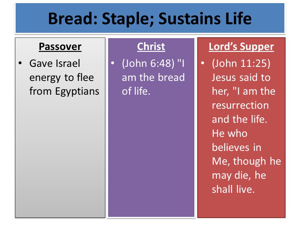 Bread: Staple; Sustains Life Passover Gave Israel energy to flee from Egyptians Passover Gave Israel energy to flee from Egyptians Christ (John 6:48) I am the bread of life.