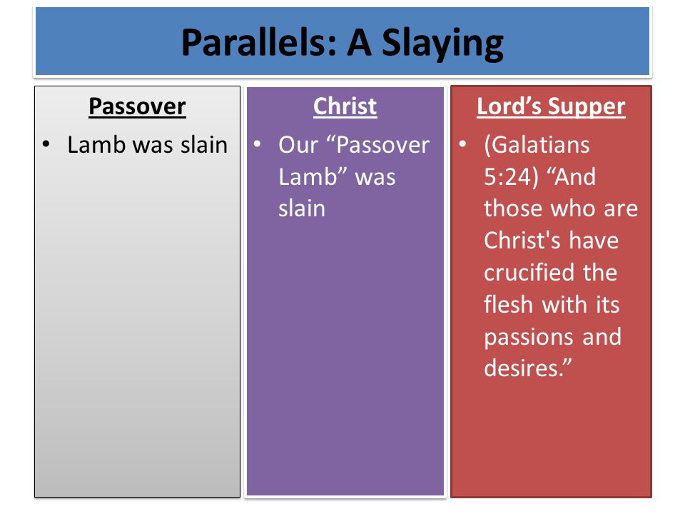 Parallels: A Slaying Passover Lamb was slain Passover Lamb was slain Christ Our Passover Lamb was slain Christ Our Passover Lamb was slain Lord’s Supper (Galatians 5:24) And those who are Christ s have crucified the flesh with its passions and desires.