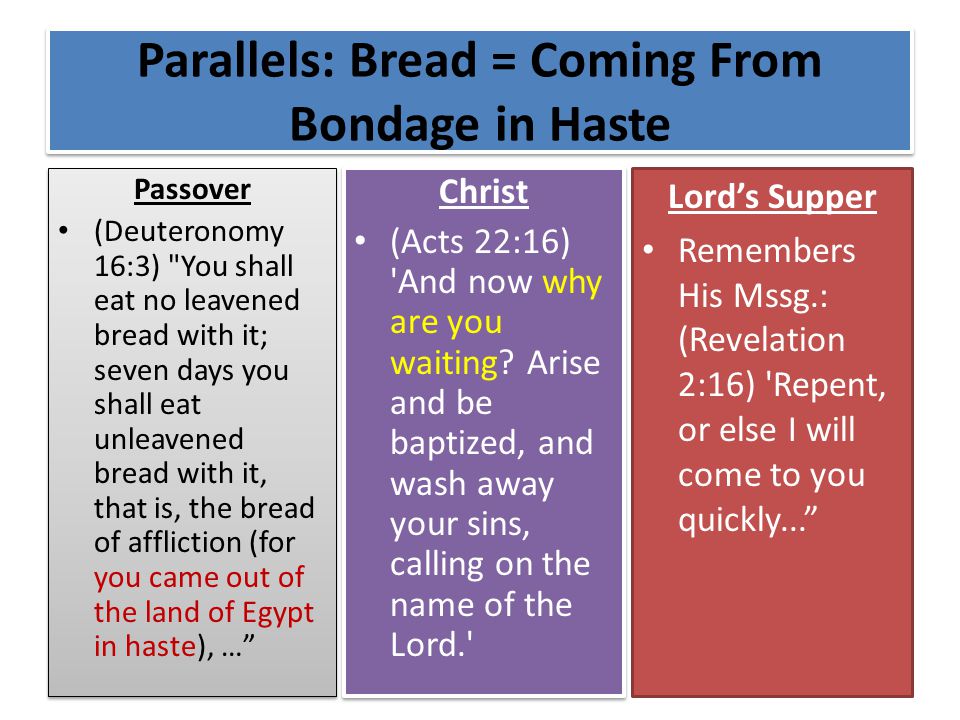 Parallels: Bread = Coming From Bondage in Haste Passover (Deuteronomy 16:3) You shall eat no leavened bread with it; seven days you shall eat unleavened bread with it, that is, the bread of affliction (for you came out of the land of Egypt in haste), … Passover (Deuteronomy 16:3) You shall eat no leavened bread with it; seven days you shall eat unleavened bread with it, that is, the bread of affliction (for you came out of the land of Egypt in haste), … Christ (Acts 22:16) And now why are you waiting.
