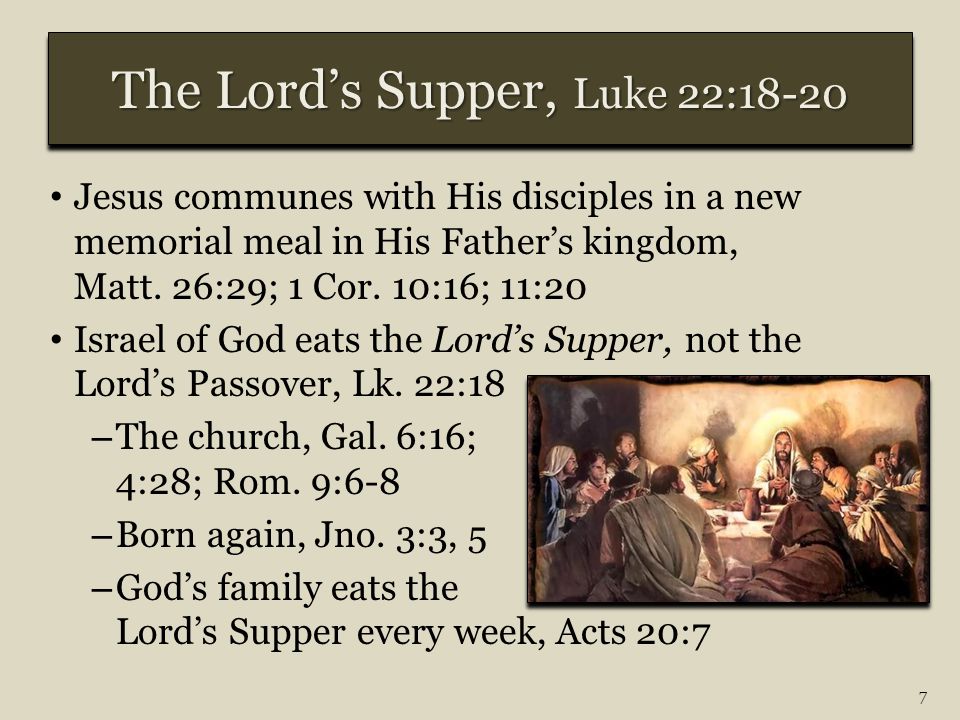 Jesus communes with His disciples in a new memorial meal in His Father’s kingdom, Matt.