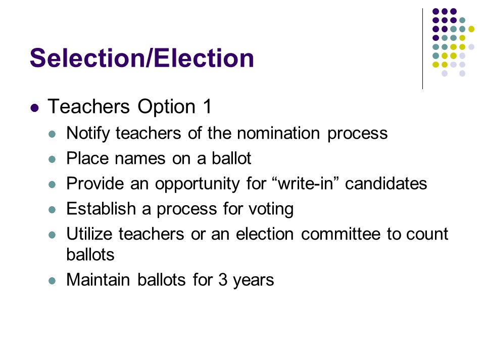Selection/Election Teachers Option 1 Notify teachers of the nomination process Place names on a ballot Provide an opportunity for write-in candidates Establish a process for voting Utilize teachers or an election committee to count ballots Maintain ballots for 3 years