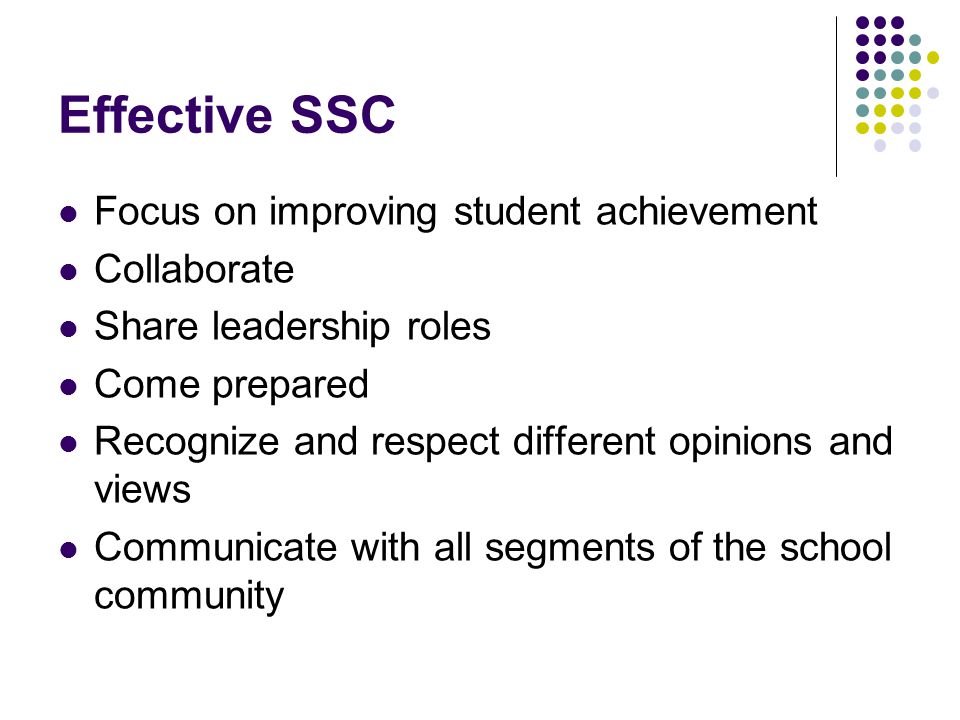 Effective SSC Focus on improving student achievement Collaborate Share leadership roles Come prepared Recognize and respect different opinions and views Communicate with all segments of the school community
