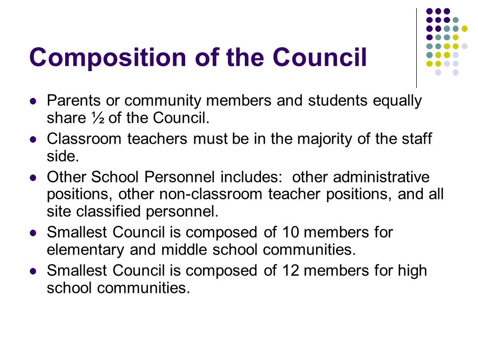 Composition of the Council Parents or community members and students equally share ½ of the Council.