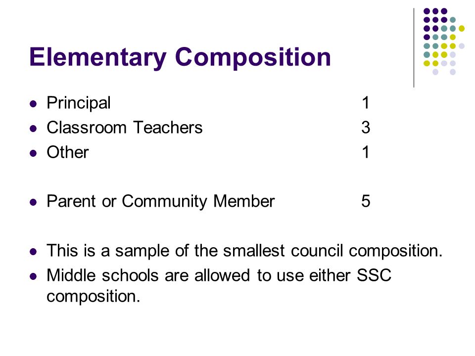 Elementary Composition Principal 1 Classroom Teachers3 Other1 Parent or Community Member5 This is a sample of the smallest council composition.