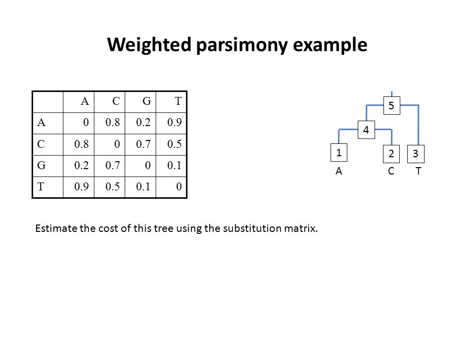 Weighted parsimony example ACT ACGT A C G T Estimate the cost of this tree using the substitution matrix.