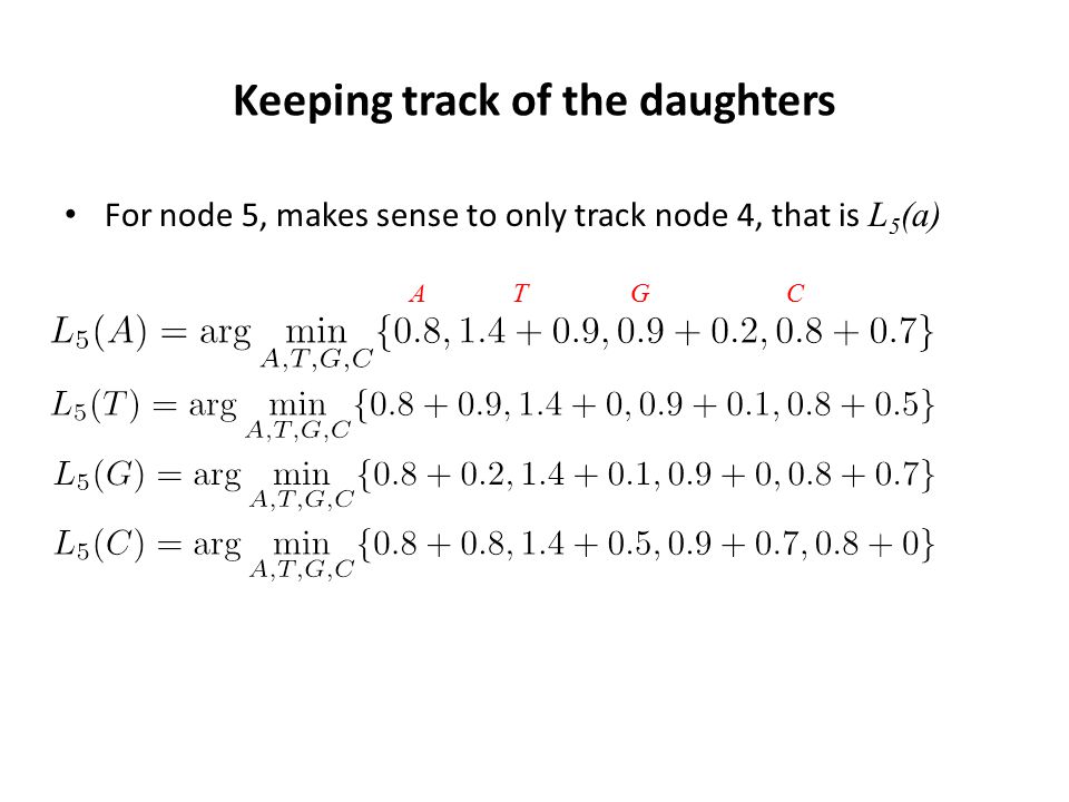 Keeping track of the daughters For node 5, makes sense to only track node 4, that is L 5 (a) ATGC