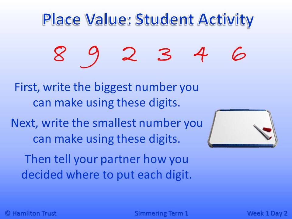 © Hamilton Trust Simmering Term 1 Week 1 Day 2 First, write the biggest number you can make using these digits.