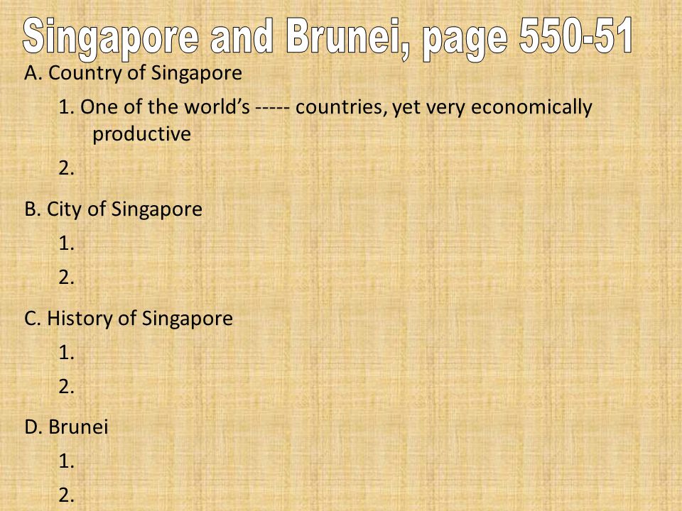A. Country of Singapore 1. One of the world’s countries, yet very economically productive 2.
