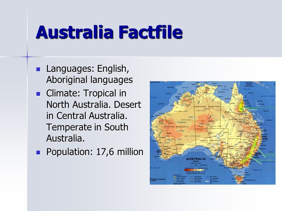 Australia Factfile Languages: English, Aboriginal languages Languages: English, Aboriginal languages Climate: Tropical in North Australia.
