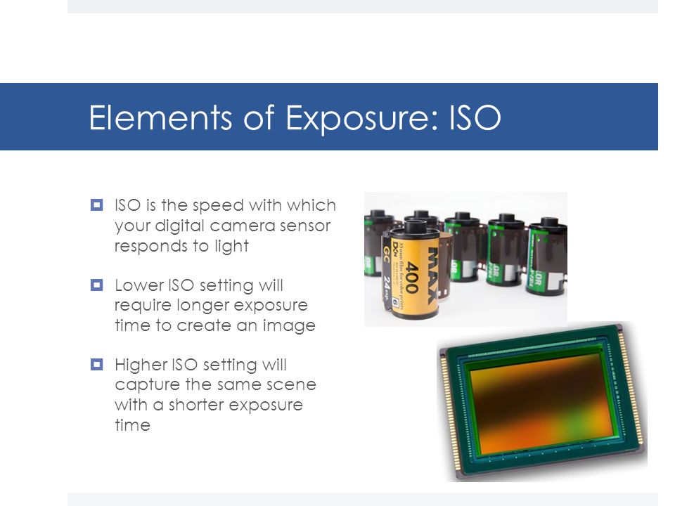 Elements of Exposure: ISO  ISO is the speed with which your digital camera sensor responds to light  Lower ISO setting will require longer exposure time to create an image  Higher ISO setting will capture the same scene with a shorter exposure time