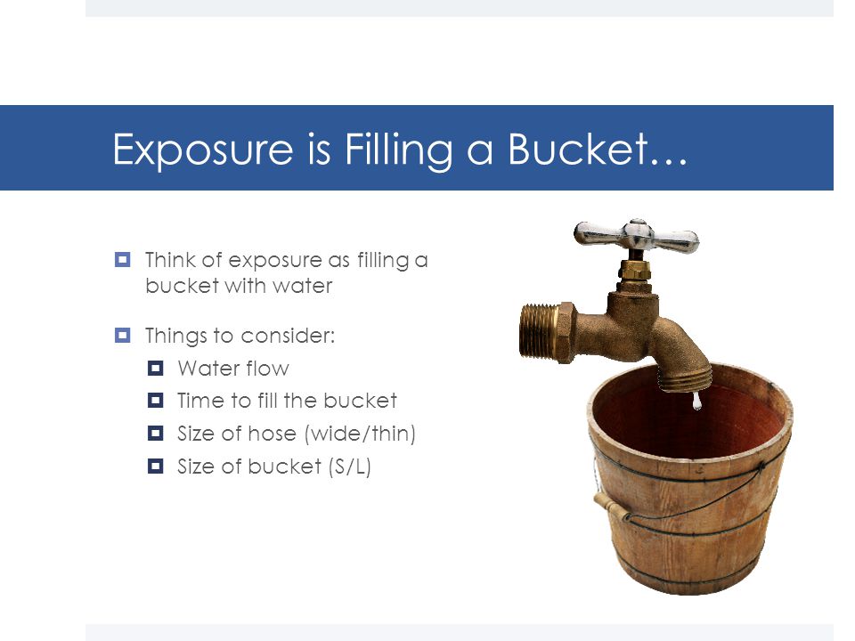 Exposure is Filling a Bucket…  Think of exposure as filling a bucket with water  Things to consider:  Water flow  Time to fill the bucket  Size of hose (wide/thin)  Size of bucket (S/L)