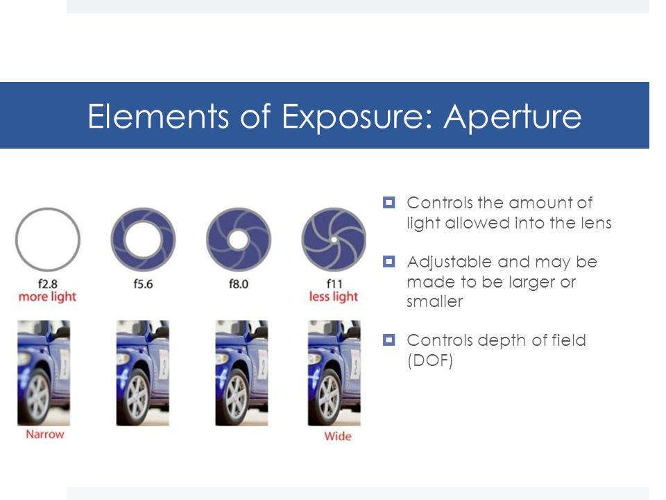 Elements of Exposure: Aperture  Controls the amount of light allowed into the lens  Adjustable and may be made to be larger or smaller  Controls depth of field (DOF)