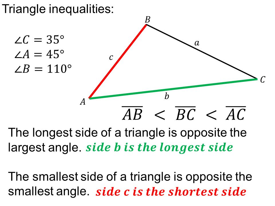 Triangle inequalities: The longest side of a triangle is opposite the largest angle.