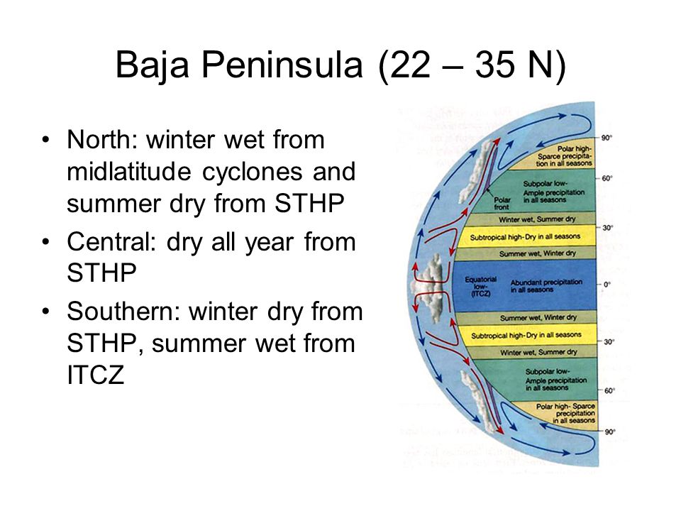 Baja Peninsula (22 – 35 N) North: winter wet from midlatitude cyclones and summer dry from STHP Central: dry all year from STHP Southern: winter dry from STHP, summer wet from ITCZ
