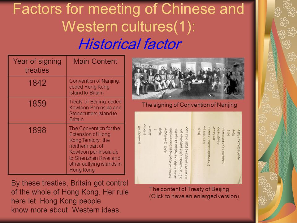 Factors for meeting of Chinese and Western cultures(1): Historical factor The signing of Convention of Nanjing The content of Treaty of Beijing (Click to have an enlarged version) Year of signing treaties Main Content 1842 Convention of Nanjing: ceded Hong Kong Island to Britain 1859 Treaty of Beijing: ceded Kowloon Peninsula and Stonecutters Island to Britain 1898 The Convention for the Extension of Hong Kong Territory: the northern part of Kowloon peninsula up to Shenzhen River and other outlying islands in Hong Kong By these treaties, Britain got control of the whole of Hong Kong.